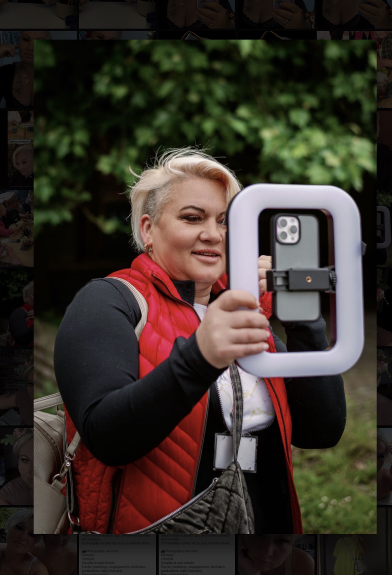 Karina filming with her phone and ring light rig